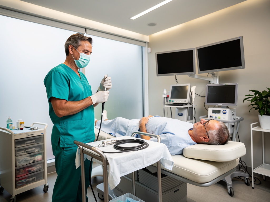 general surgeon holding a colonoscope during a private colonoscopy procedure in a modern Montreal clinic, with a patient lying comfortably on a medical bed."