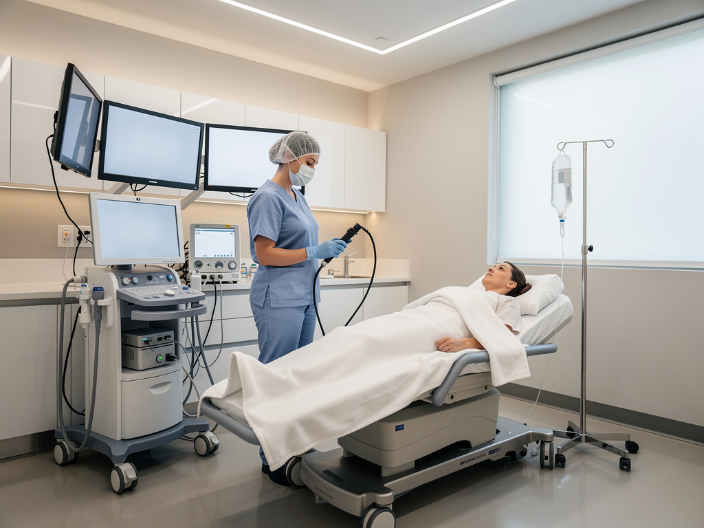Patient undergoing gastroscopy in a modern Montreal clinic, with a gastroenterologist and medical equipment in a clean, professional setting.